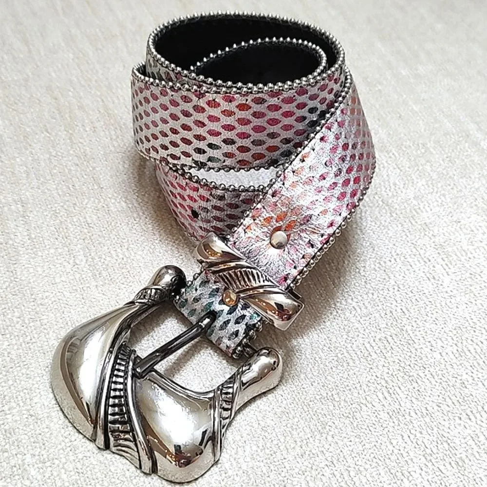 Sky Vintage Metallic Multi Colored Leather Belt Silver Buckle and Tip